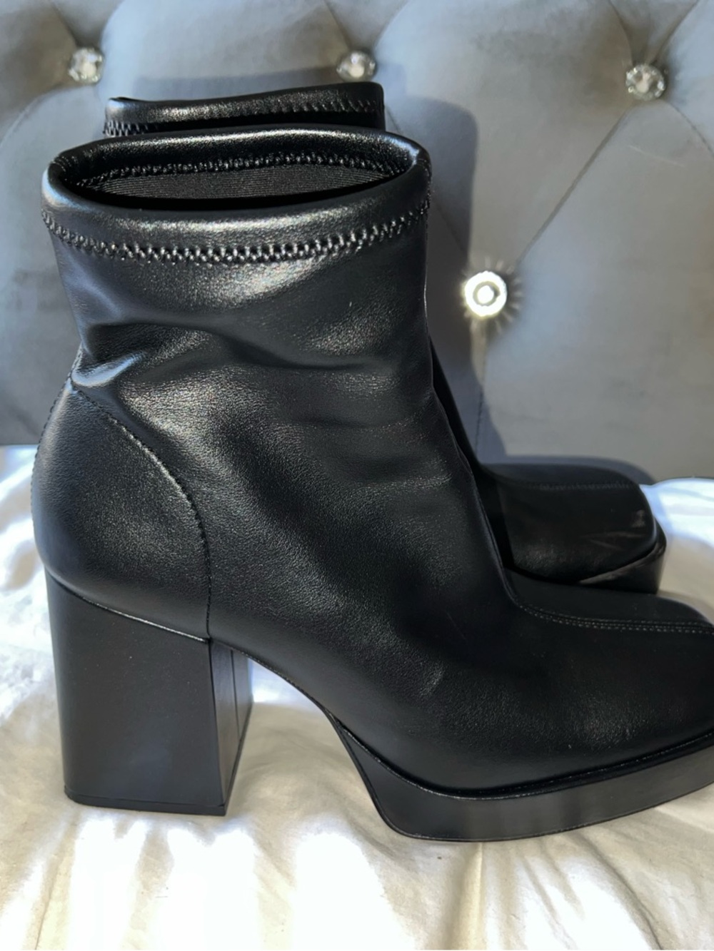 Zara Black Leather Block Heel Ankle Boots